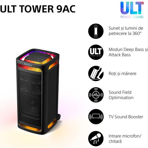 Аудио система Sony ULT TOWER 9AC, Bluetooth 5.3, 2 режима ULT Power Sound, X-Balanced тонколони, Звук и светлини 360, Парти функции, Черен Аудио система Sony ULT TOWER 9AC, Bluetooth 5.3, 2 режима ULT Power Sound, X-Balanced тонколони, Звук и светлини 360, Парти функции, Черен