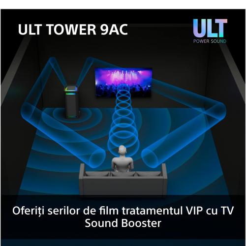 Аудио система Sony ULT TOWER 9AC, Bluetooth 5.3, 2 режима ULT Power Sound, X-Balanced тонколони, Звук и светлини 360, Парти функции, Черен Аудио система Sony ULT TOWER 9AC, Bluetooth 5.3, 2 режима ULT Power Sound, X-Balanced тонколони, Звук и светлини 360, Парти функции, Черен