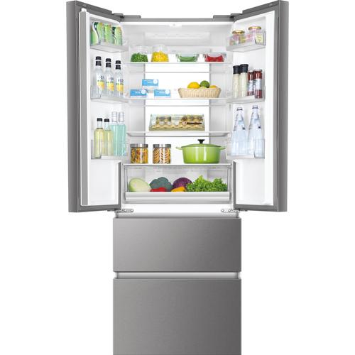 Двукрилен хладилник Side by side Haier HB17FPAAA, French Door, 446 л, Total No Frost, Инверторен мотор, My Zone, LED дисплей, Super Cooling, Super Freezing, Клас E, H 190 см, Inox