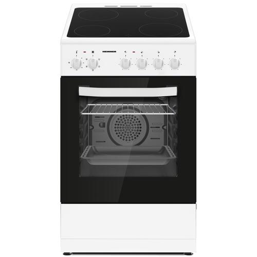 Готварска печка electric Heinner HFSC-S56E4VWH, Клас A, Plita vitroceramica, 4 zone за gatit, Електрическа фурна, Грил, Вентилация, 50x60 см, Бял