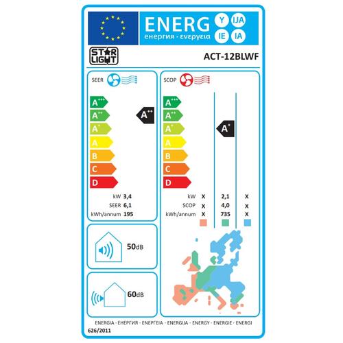 Климатик Star-Light ACT-12BLWF 12000 BTU Wi-Fi, Клас A++, Функция отопление, Дисплей, Черен Климатик Star-Light ACT-12BLWF 12000 BTU Wi-Fi, Клас A++, Функция отопление, Дисплей, Черен