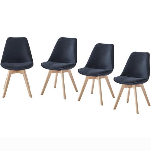 Комплект 4 трапезни стола Kring Astrid, Кадифена тапицерия, Дървени крака, Черен