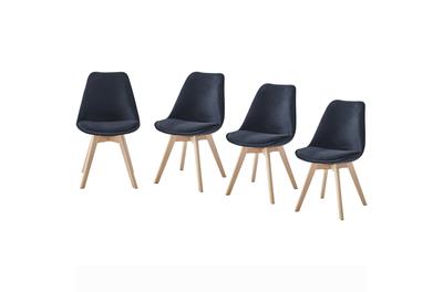 Комплект 4 трапезни стола Kring Astrid, Кадифена тапицерия, Дървени крака, Черен