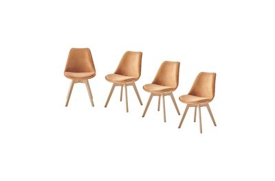 Комплект 4 трапезни стола Kring Astrid, Кадифена тапицерия, Дървени крака, Оранжев