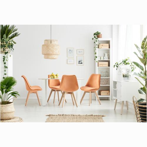 Комплект 4 трапезни стола Kring Astrid, Кадифена тапицерия, Дървени крака, Оранжев