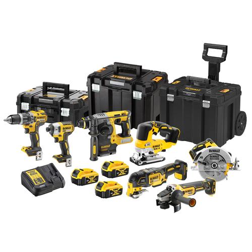 Комплект 7 инструмента DeWALT DCK755P3T, 18V XR, Безчетков, Бормашина DCD796, Отвертка DCF887, Перфоратор DCH273, Ъглошлайф DCG405, Циркуляр DCS570, Осцилиращ трион DCS355, Пробивен трион DCS334, 3x 5 Ah батерии, Куфари TSTAK