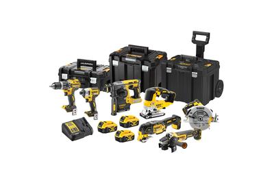 Комплект 7 инструмента DeWALT DCK755P3T, 18V XR, Безчетков, Бормашина DCD796, Отвертка DCF887, Перфоратор DCH273, Ъглошлайф DCG405, Циркуляр DCS570, Осцилиращ трион DCS355, Пробивен трион DCS334, 3x 5 Ah батерии, Куфари TSTAK