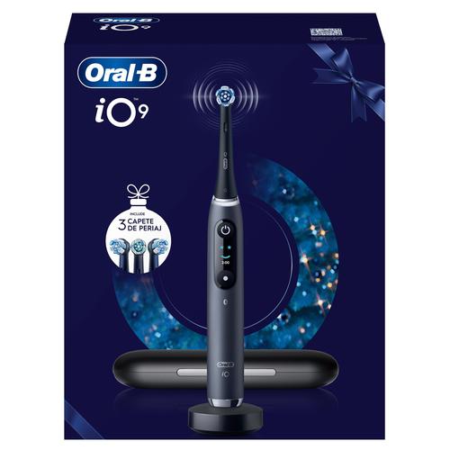 Комплект електрическа четка за зъби Oral-B iO9 + 2 глави за четка с магнитна технология и микровъбрации, Изкуствен интелект, LED дисплей, Интелигентен сензор за налягане, Видим таймер, Калъф за пътуване, Черен