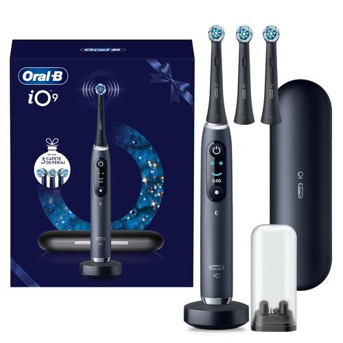 Комплект електрическа четка за зъби Oral-B iO9 + 2 глави за четка с магнитна технология и микровъбрации, Изкуствен интелект, LED дисплей, Интелигентен сензор за налягане, Видим таймер, Калъф за пътуване, Черен