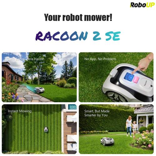 Косачка робот RoboUp Racoon 2 SE, Без ограничителен кабел и антена, до 600 м2, Автоматично разпознаване на тревата, Приложение, Допълнителни 24 броя ножчета Косачка робот RoboUp Racoon 2 SE, Без ограничителен кабел и антена, до 600 м2, Автоматично разпознаване на тревата, Приложение, Допълнителни 24 броя ножчета