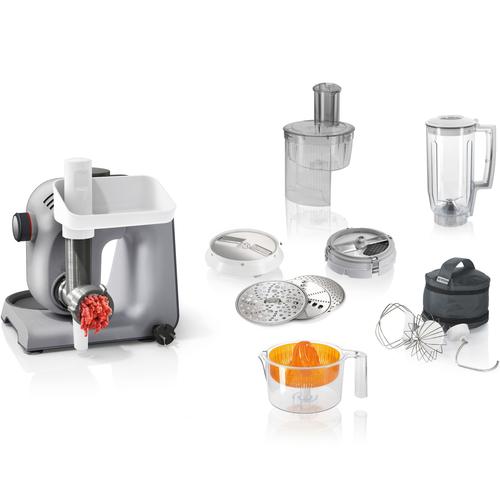 Кухненски робот Bosch MUM58364, 1000 W, купа 3,9 л, блендер, кълцалка, резачка за кубчета, 7 скорости, 3D планетарно смесване, сив