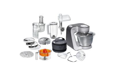 Кухненски робот Bosch MUM58364, 1000 W, купа 3,9 л, блендер, кълцалка, резачка за кубчета, 7 скорости, 3D планетарно смесване, сив