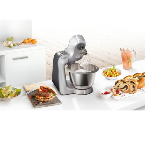 Кухненски робот Bosch MUM58364, 1000 W, купа 3,9 л, блендер, кълцалка, резачка за кубчета, 7 скорости, 3D планетарно смесване, сив