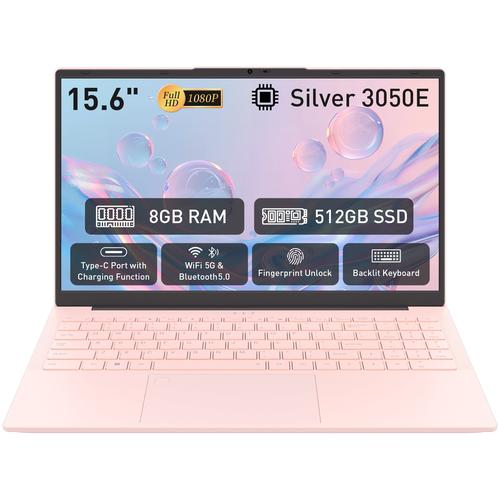 Лаптоп Auusda, процесор AMD 3050E (до 2.8 GHz), 8GB RAM, SSD 512GB, IPS екран 15.6" FHD, осветена клавиатура, Windows 11 Pro, розов