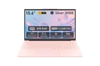 Лаптоп Auusda, процесор AMD 3050E (до 2.8 GHz), 8GB RAM, SSD 512GB, IPS екран 15.6" FHD, осветена клавиатура, Windows 11 Pro, розов