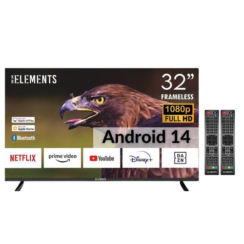 LED телевизор KB Elements 32''/80 см диагонал, Full HD, Smart TV, Dolby Audio, Android 14.0, БЕЗЖИЧНА ВРЪЗКА + ETHERNET, HIFI ВИСОКОГОВОРИТЕЛ, 3 x HDMI, 2 x USB, АНТЕНА AV ВИДЕО, Енергиен клас E ВХОД
