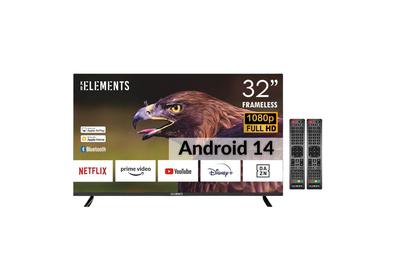LED телевизор KB Elements 32''/80 см диагонал, Full HD, Smart TV, Dolby Audio, Android 14.0, БЕЗЖИЧНА ВРЪЗКА + ETHERNET, HIFI ВИСОКОГОВОРИТЕЛ, 3 x HDMI, 2 x USB, АНТЕНА AV ВИДЕО, Енергиен клас E ВХОД