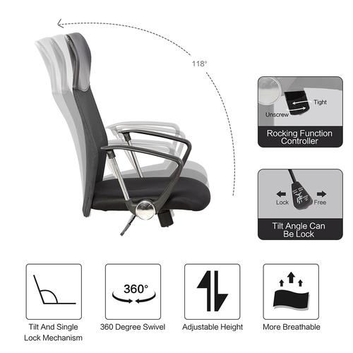 Офис стол Kring Fit, Ергономичен, Мрежа, Регулируема височина, Механизъм за накланяне, Черен