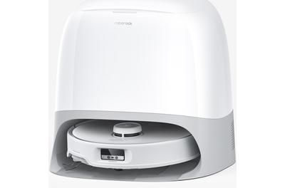 Прахосмукачка-робот Roborock Qrevo Curv RSD0712CE със станция за зареждане, 18500 pa, прахосмукачка, моп и смарт станция с автоматично изпразване, 66W, Lidar, 5200mAh батерия, AdaptLift, гласов асистент, въртящ се моп, бял/сребрист