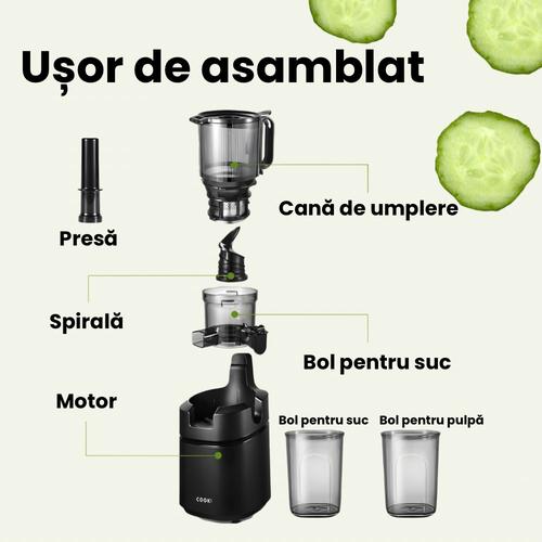 Сокоизстисквачка за плодове и зеленчуци COOK-IT Slowjuicer XL чрез студено пресоване, Мощност 250W, Шпиндел с охлюв, Антикапкова, Антиокислителна, 1L резервоар за сок - 900 ml резервоар за пулпа, Запазва витамини и минерали, Черен Сокоизстисквачка за плодове и зеленчуци COOK-IT Slowjuicer XL чрез студено пресоване, Мощност 250W, Шпиндел с охлюв, Антикапкова, Антиокислителна, 1L резервоар за сок - 900 ml резервоар за пулпа, Запазва витамини и минерали, Черен