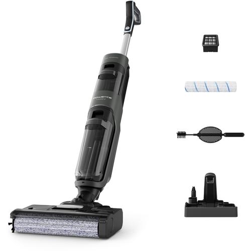 Вертикална прахосмукачка 2 в 1 Rowenta X-Clean 4 GZ5037WO, 200W, Засмукване и миене, 425 RPM, Автономия 50 мин, Съвместима с препарати, Станция за зареждане с поставка за аксесоари, Сив/Черен